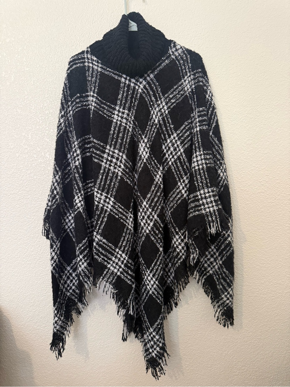 Black & White Plaid Turtleneck Poncho Sweater - Classic Cozy Layer